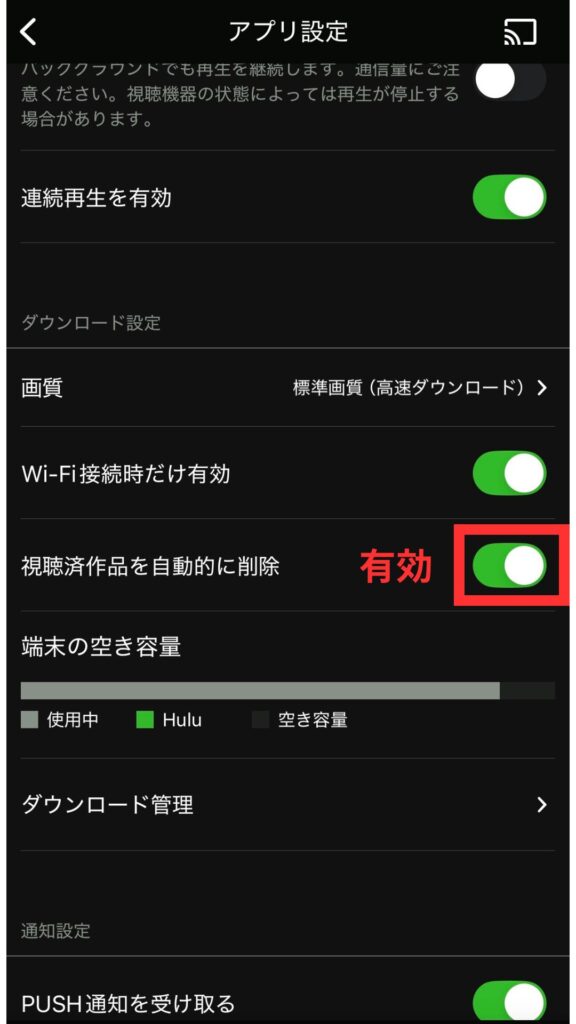 視聴済作品を自動的に削除→「オン」