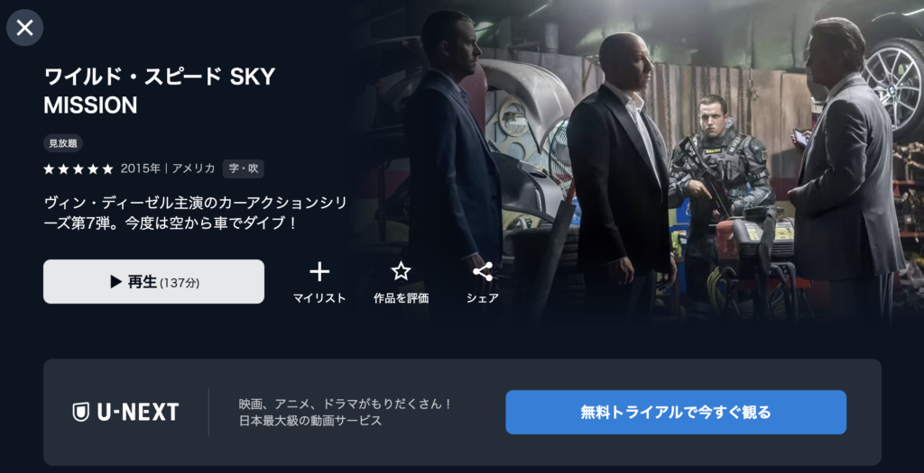 U-NEXT『ワイルド・スピード SKY MISSION』