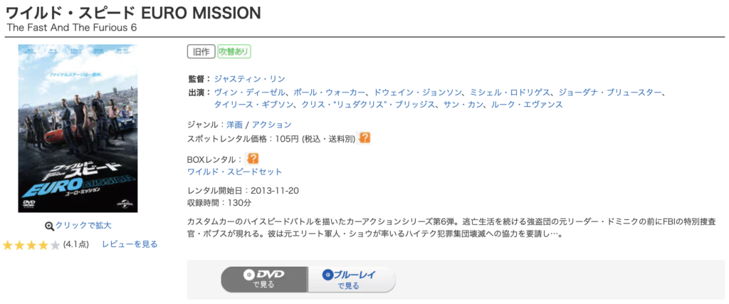 ゲオ宅配レンタル『ワイルド・スピード EURO MISSIO』